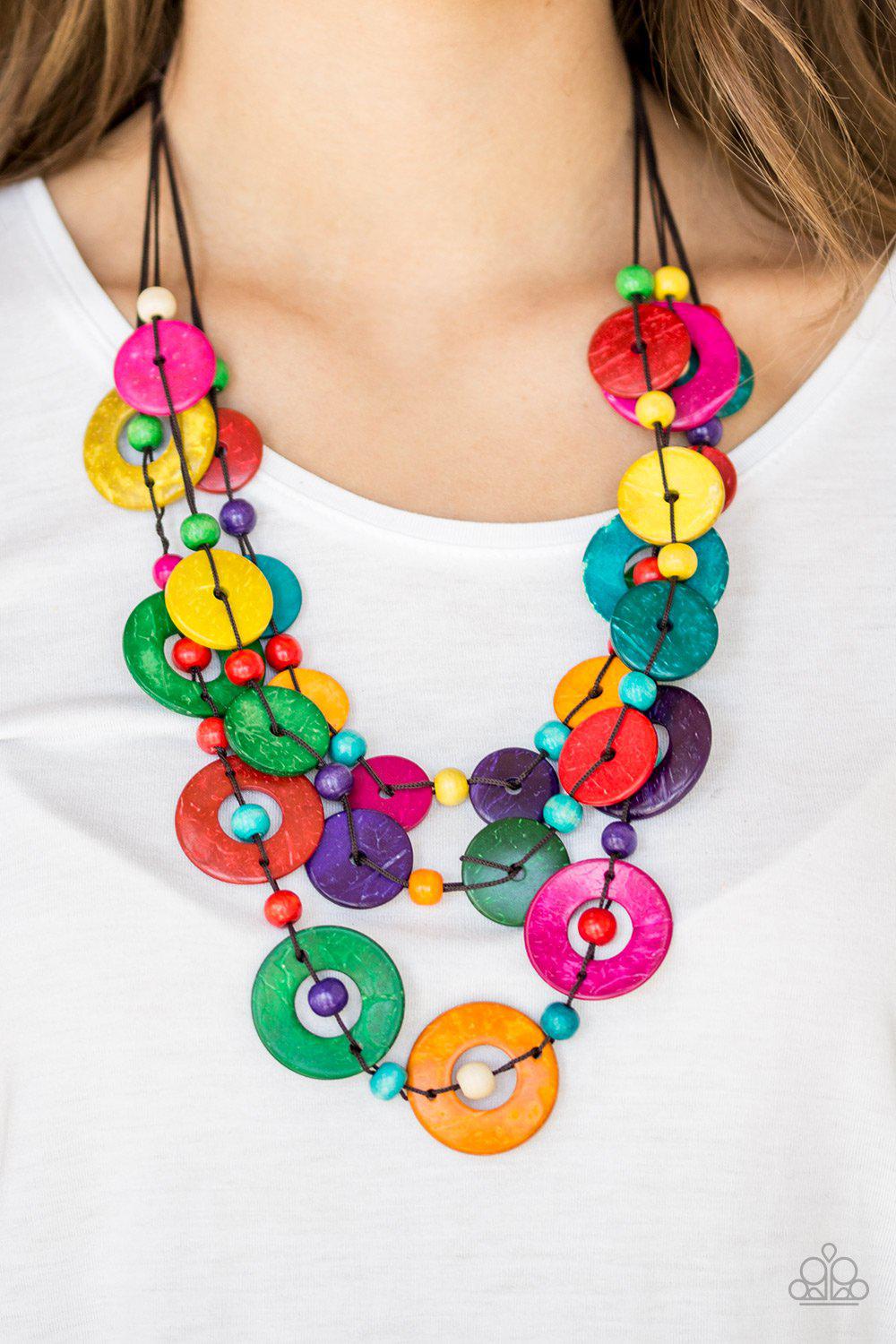 Catalina Coastin' Multi-color Wood Necklace - Paparazzi Accessories- on model - CarasShop.com - Paparazzi Jewelry by Cara Jewels