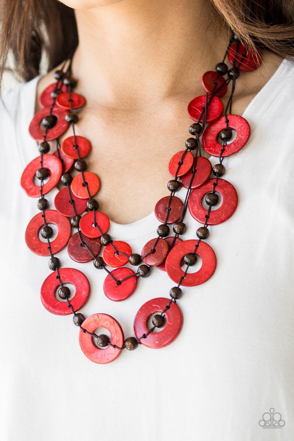 Catalina Coastin' Red Wood Necklace - Paparazzi Accessories- on model - CarasShop.com - Paparazzi Jewelry by Cara Jewels