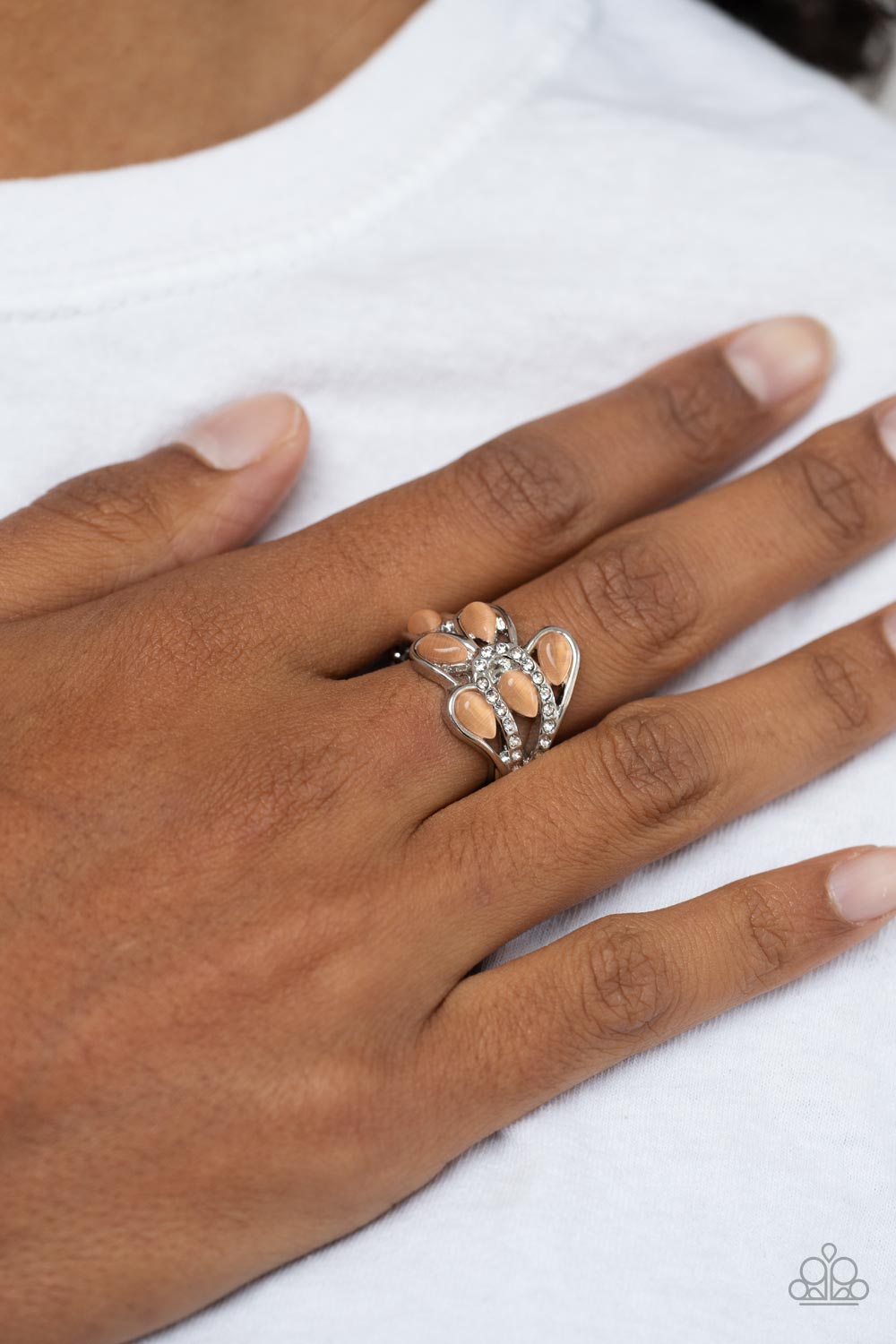 Cats Eye Cadence Orange Moonstone Ring - Paparazzi Accessories- on model - CarasShop.com - Paparazzi Jewelry by Cara Jewels