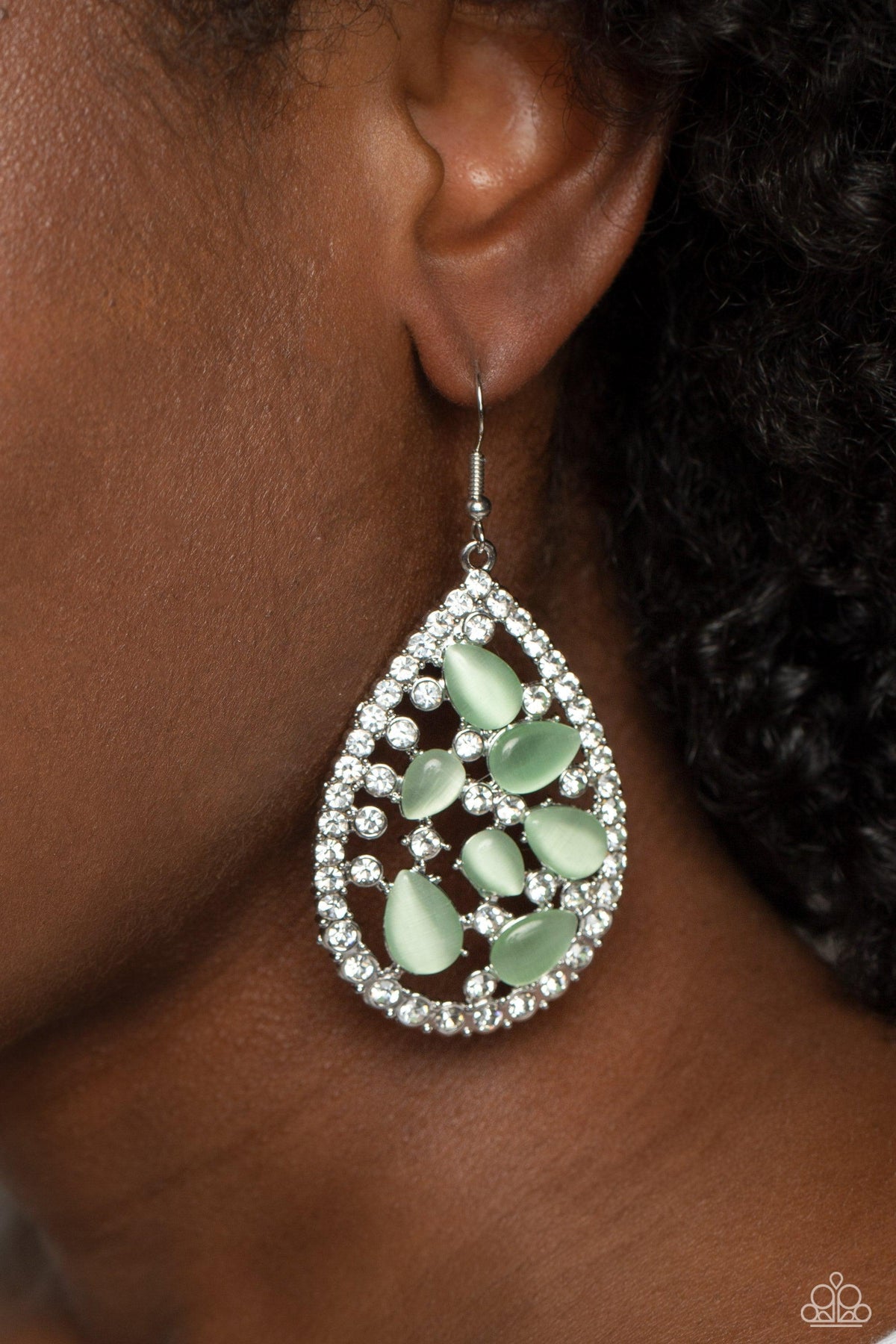 Cat's Eye Class Green Earrings - Paparazzi Accessories- on model - CarasShop.com - Paparazzi Jewelry by Cara Jewels