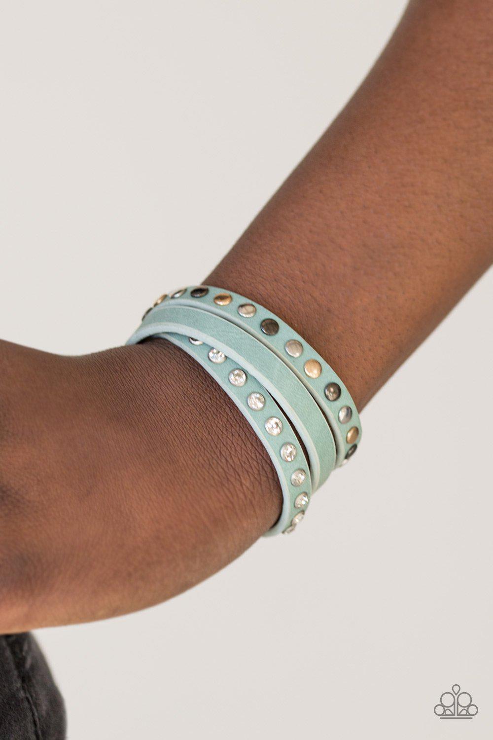 Catwalk Casual Blue Leather Urban Double-wrap Snap Bracelet - Paparazzi Accessories- on model - CarasShop.com - Paparazzi Jewelry by Cara Jewels