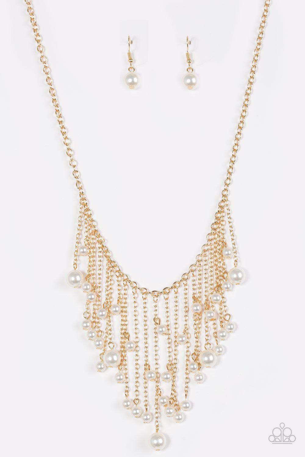 Catwalk Champ Gold and White Pearl Fringe Necklace - Paparazzi Accessories- lightbox - CarasShop.com - Paparazzi Jewelry by Cara Jewels