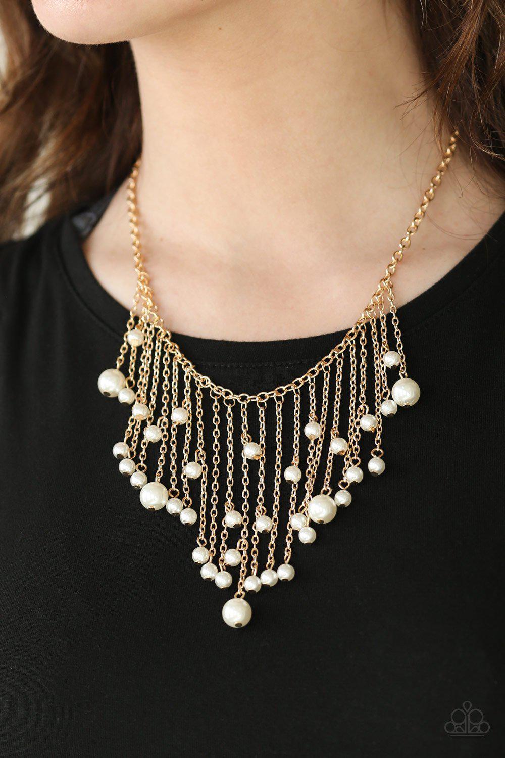 Catwalk Champ Gold and White Pearl Fringe Necklace - Paparazzi Accessories- on model - CarasShop.com - Paparazzi Jewelry by Cara Jewels