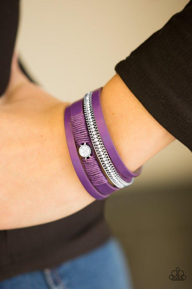 Catwalk Craze Purple Leather Urban Bracelet - Paparazzi Accessories- on model - CarasShop.com - Paparazzi Jewelry by Cara Jewels