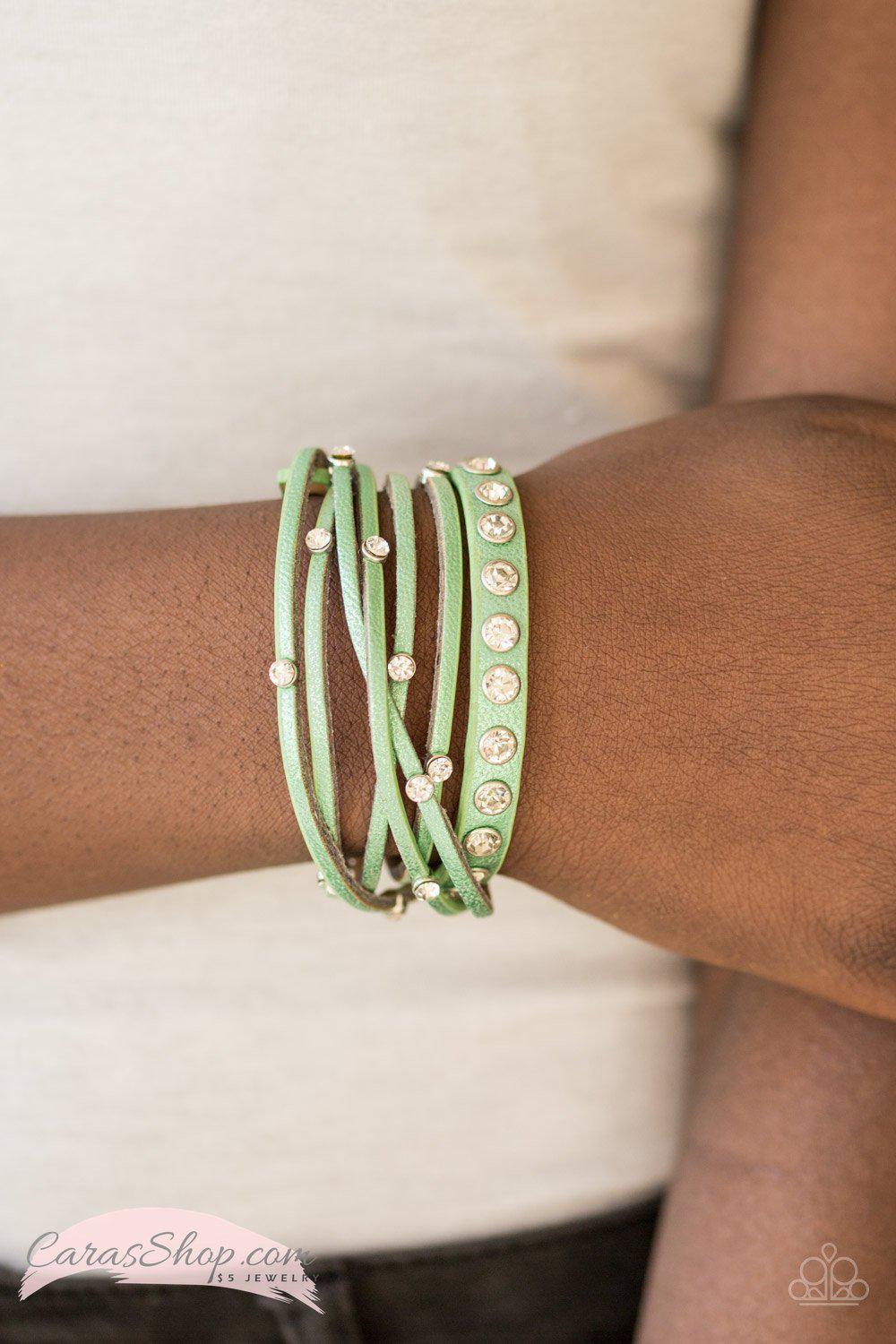 CATWALK It Off Metallic Green Wrap Snap Bracelet - Paparazzi Accessories- on model - CarasShop.com - Paparazzi Jewelry by Cara Jewels