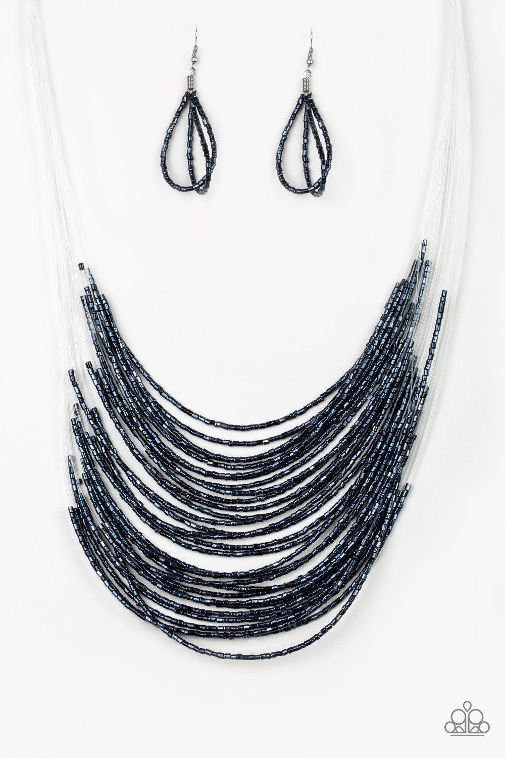 Catwalk Queen Metallic Blue Seed Bead Necklace and matching Earrings - Paparazzi Accessories- lightbox - CarasShop.com - Paparazzi Jewelry by Cara Jewels