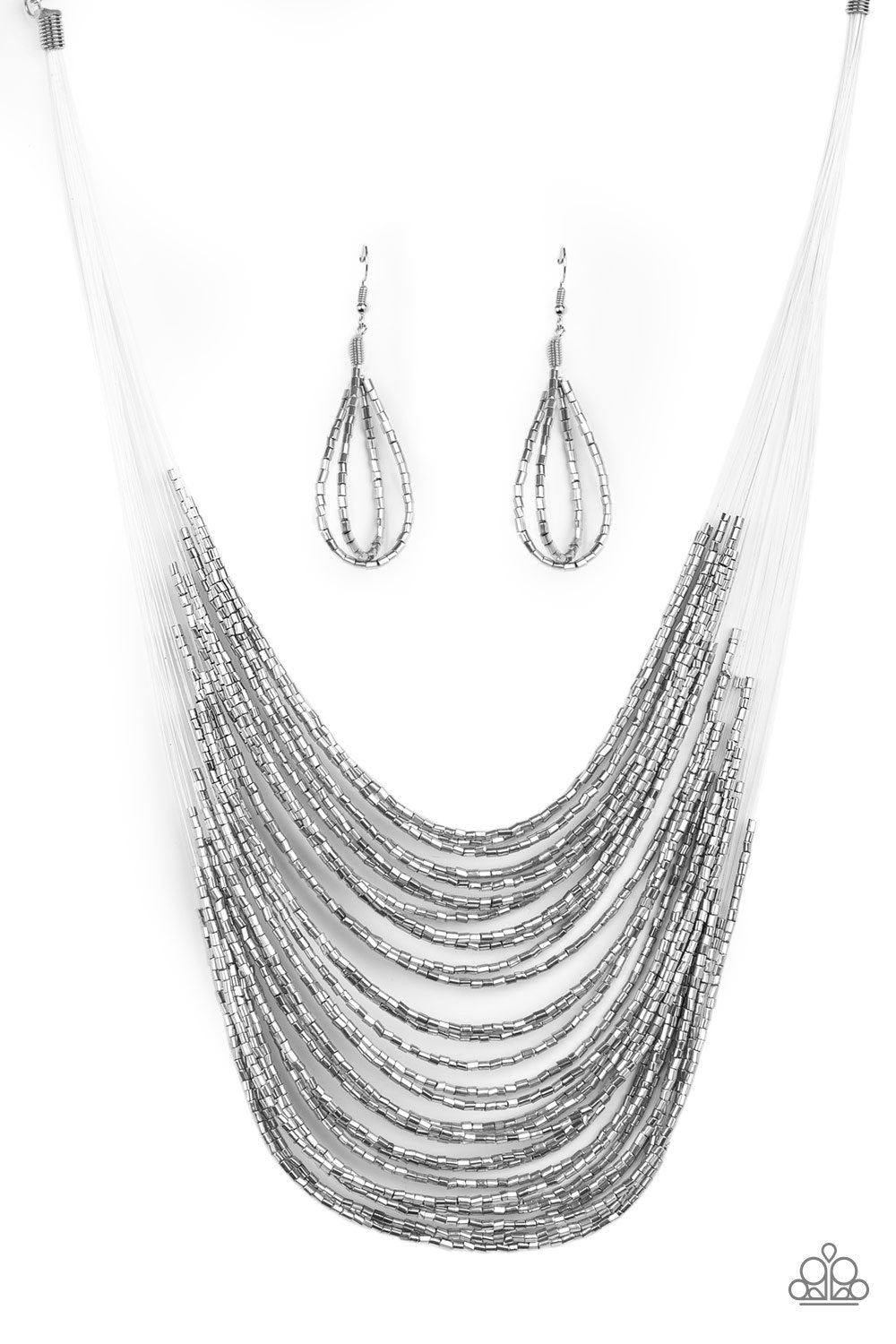 Catwalk Queen Metallic Silver Seed Bead Necklace and matching Earrings - Paparazzi Accessories- lightbox - CarasShop.com - Paparazzi Jewelry by Cara Jewels