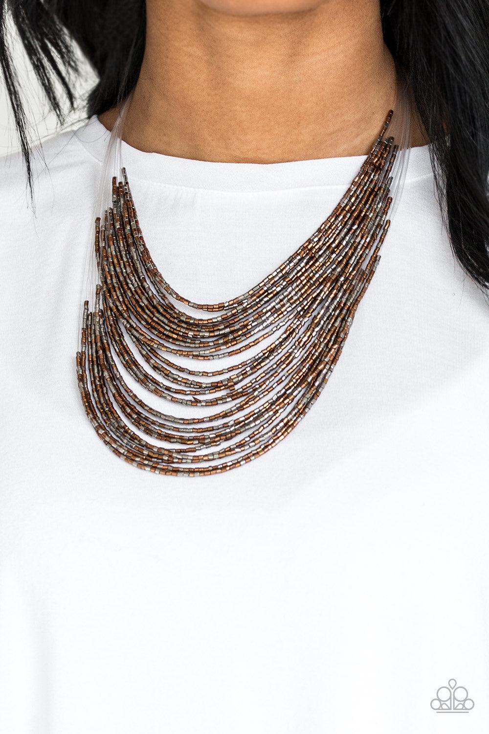 Catwalk Queen Multi Copper & Gunmetal Seed Bead Necklace - Paparazzi Accessories- on model - CarasShop.com - Paparazzi Jewelry by Cara Jewels