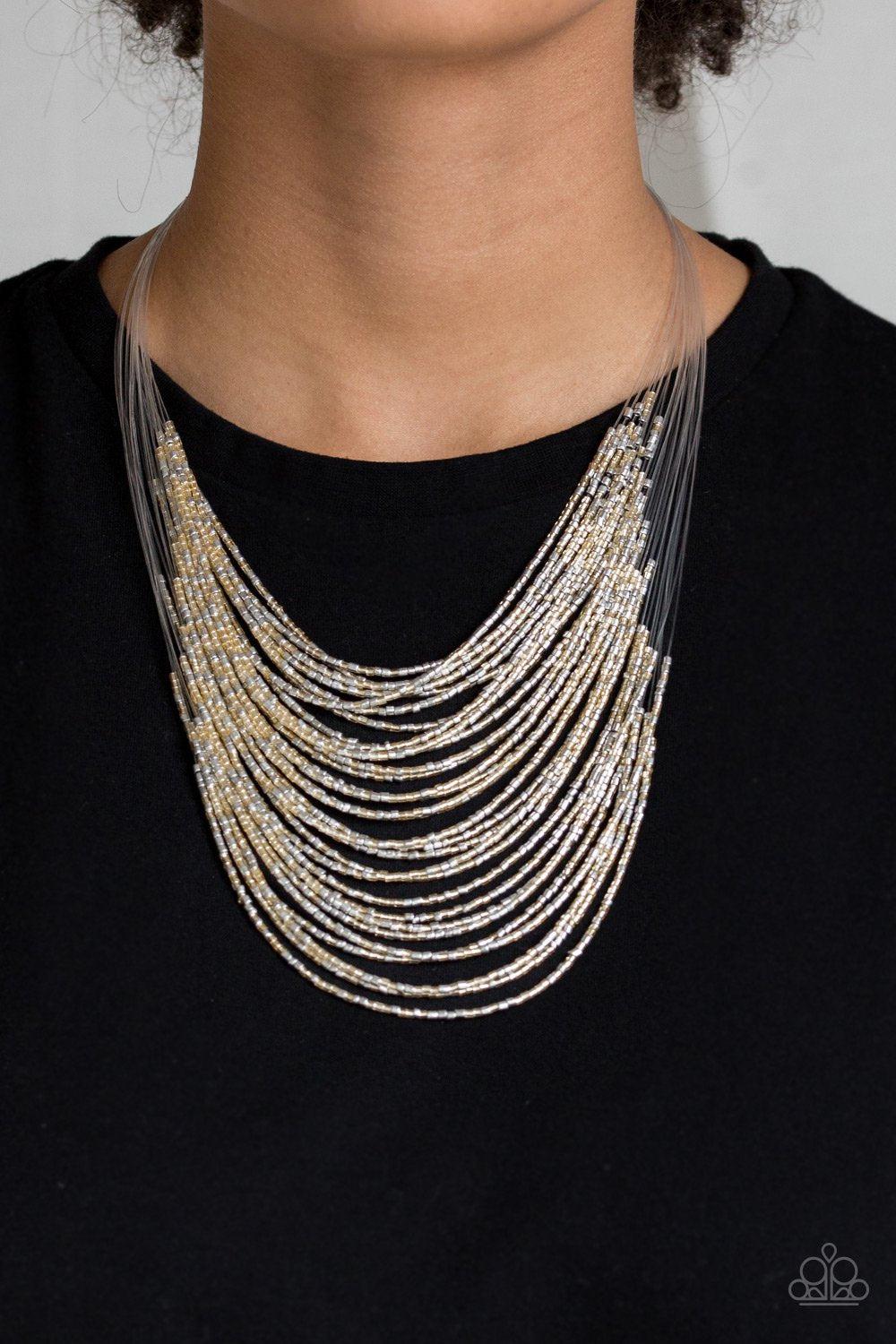 Catwalk Queen Multi Gold and Silver Seed Bead Necklace - Paparazzi Accessories- on model - CarasShop.com - Paparazzi Jewelry by Cara Jewels