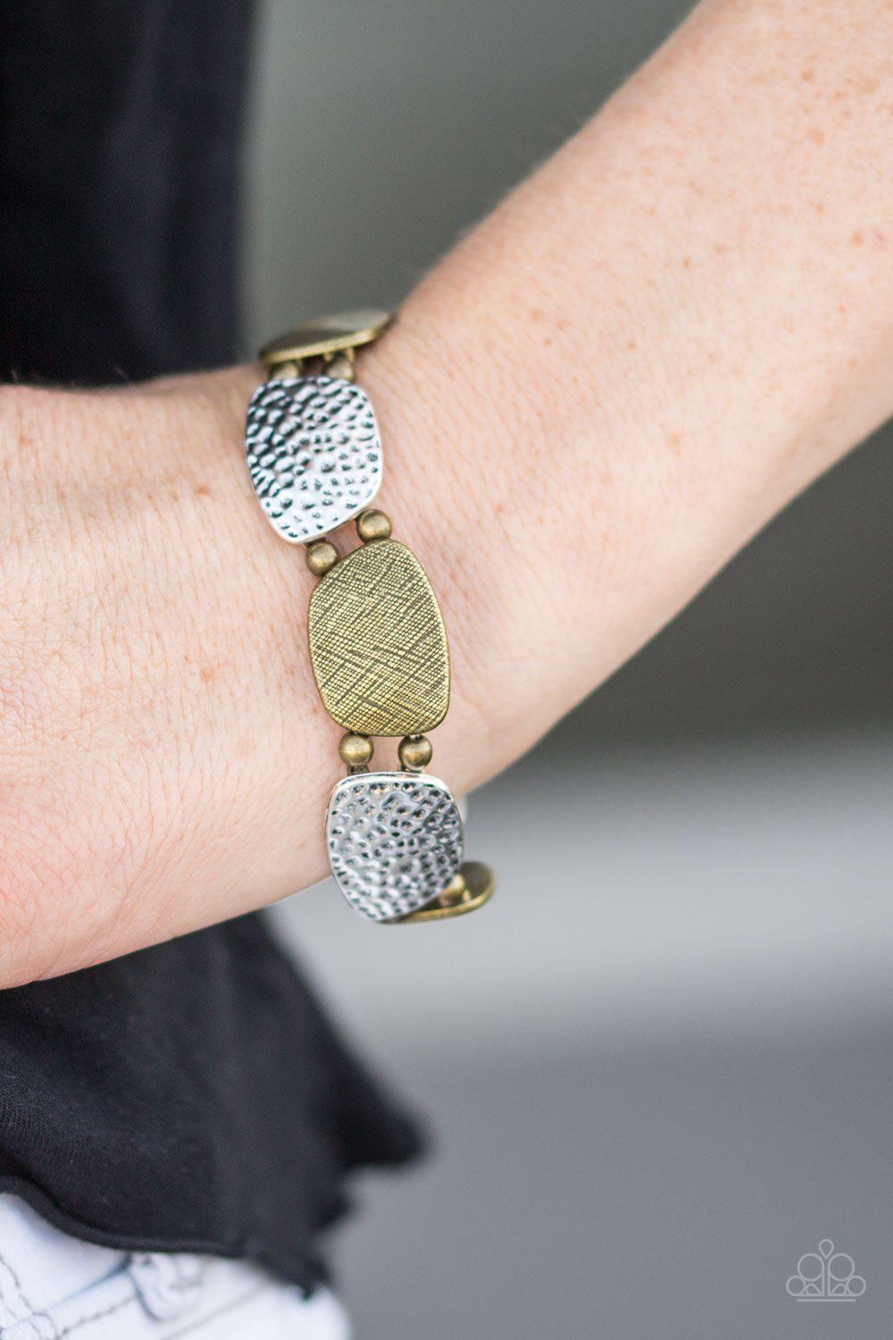 Cave Chic Silver and Brass Stretch Bracelet - Paparazzi Accessories- on model - CarasShop.com - Paparazzi Jewelry by Cara Jewels