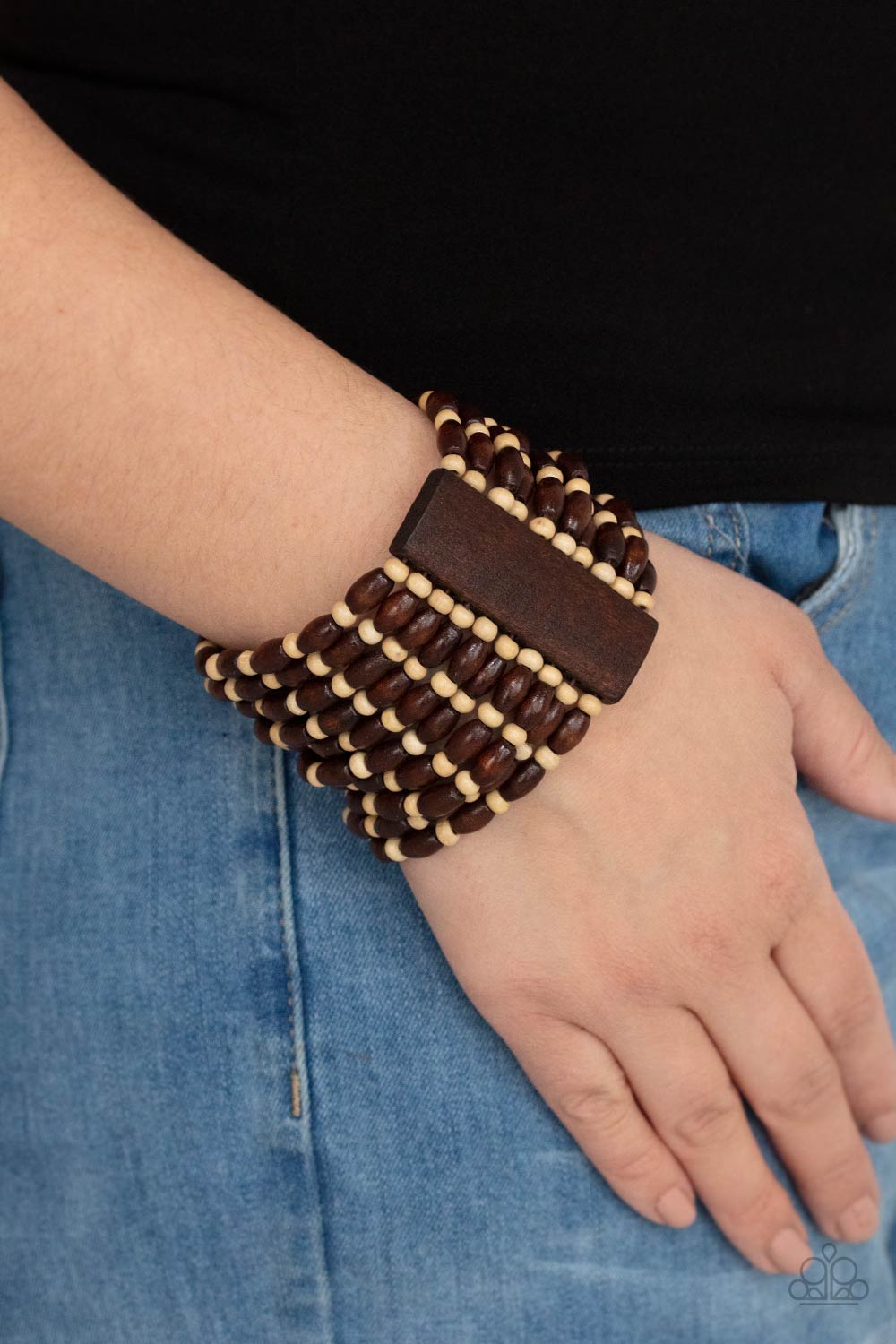 Cayman Carnival Brown Wood Bracelet - Paparazzi Accessories- on model - CarasShop.com - Paparazzi Jewelry by Cara Jewels