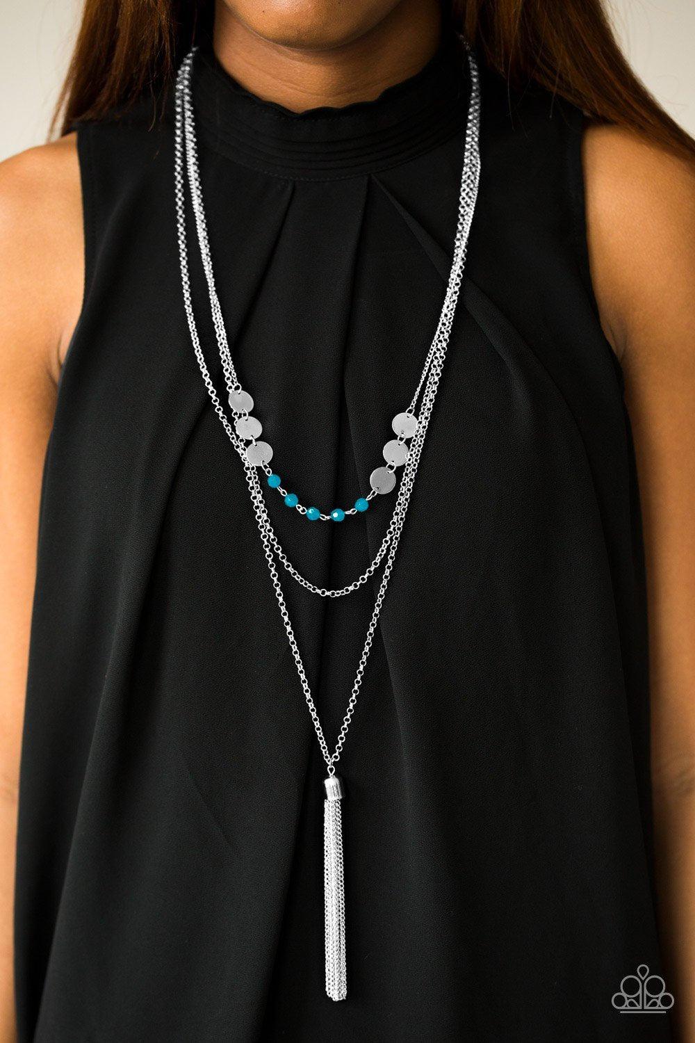 Celebration of Chic Blue and Silver Tassel Necklace - Paparazzi Accessories- on model - CarasShop.com - Paparazzi Jewelry by Cara Jewels