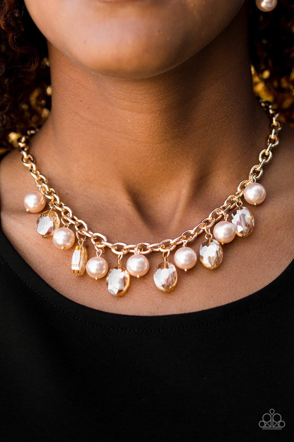 Celebrity Status Gold Pearl and Crystal Necklace - Paparazzi Accessories- on model - CarasShop.com - Paparazzi Jewelry by Cara Jewels