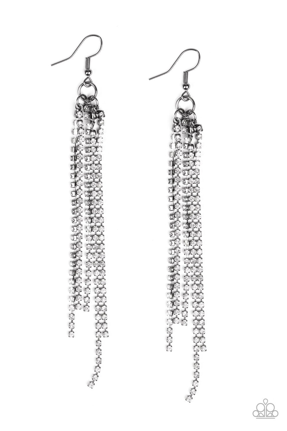 Center Stage Status Black and White Rhinestone Chain Earrings - Paparazzi Accessories- lightbox - CarasShop.com - Paparazzi Jewelry by Cara Jewels