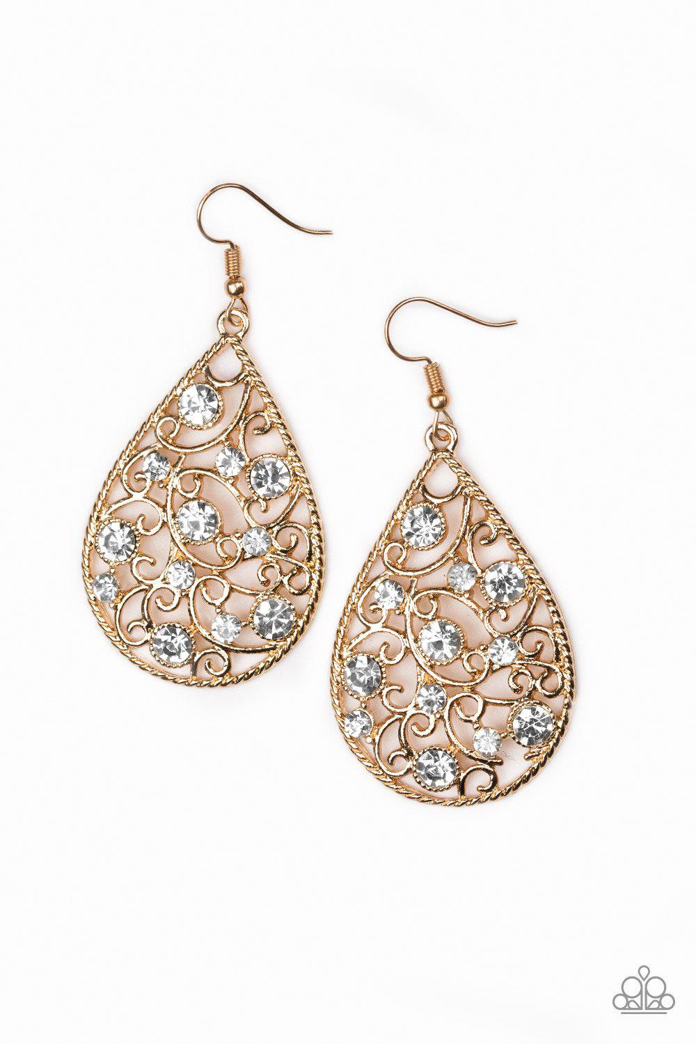 Certainly Courtier Gold and White Rhinestone Earrings - Paparazzi Accessories- lightbox - CarasShop.com - Paparazzi Jewelry by Cara Jewels