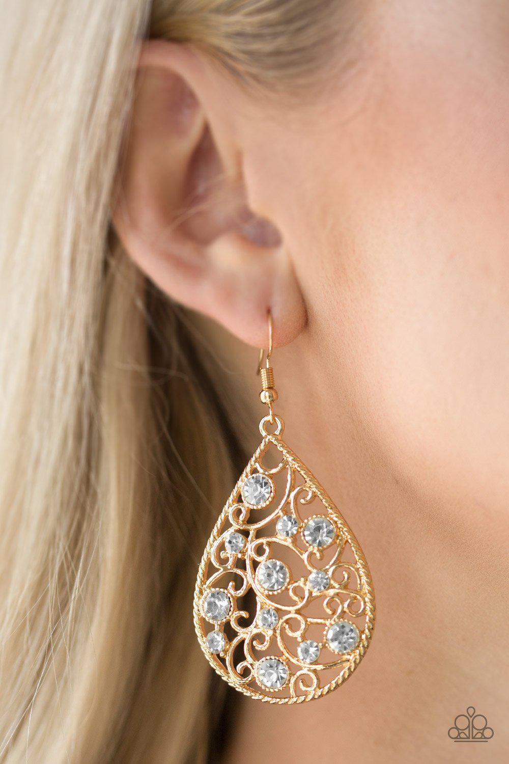 Certainly Courtier Gold and White Rhinestone Earrings - Paparazzi Accessories- on model - CarasShop.com - Paparazzi Jewelry by Cara Jewels