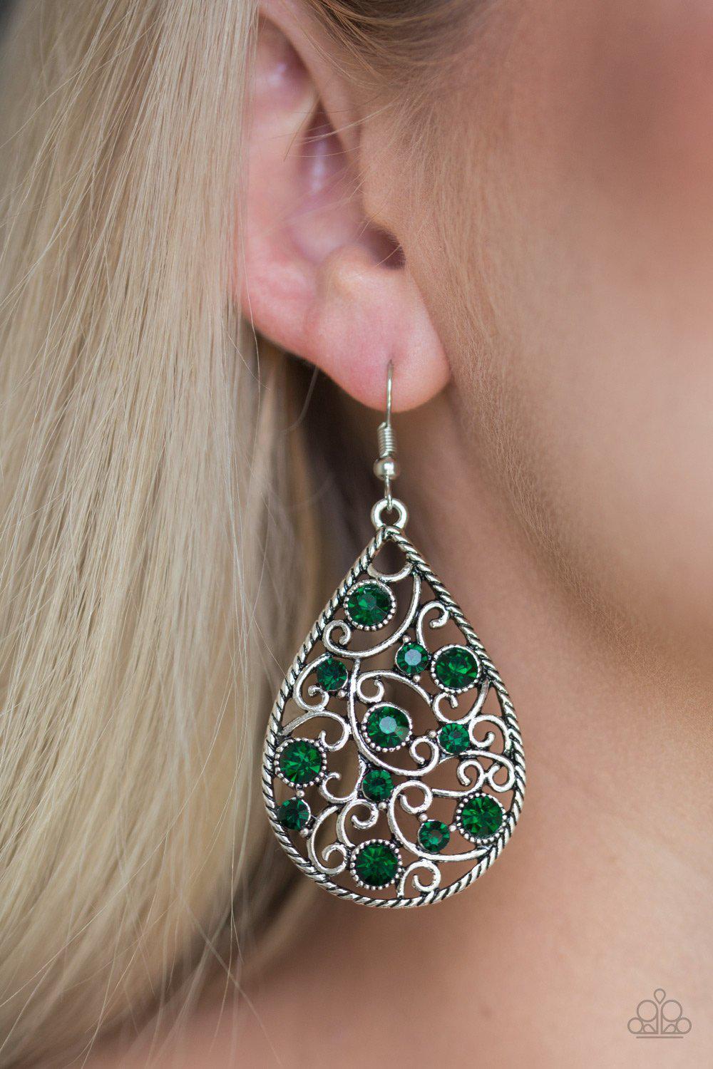 Certainly Courtier Green Teardrop Earrings - Paparazzi Accessories- on model - CarasShop.com - Paparazzi Jewelry by Cara Jewels