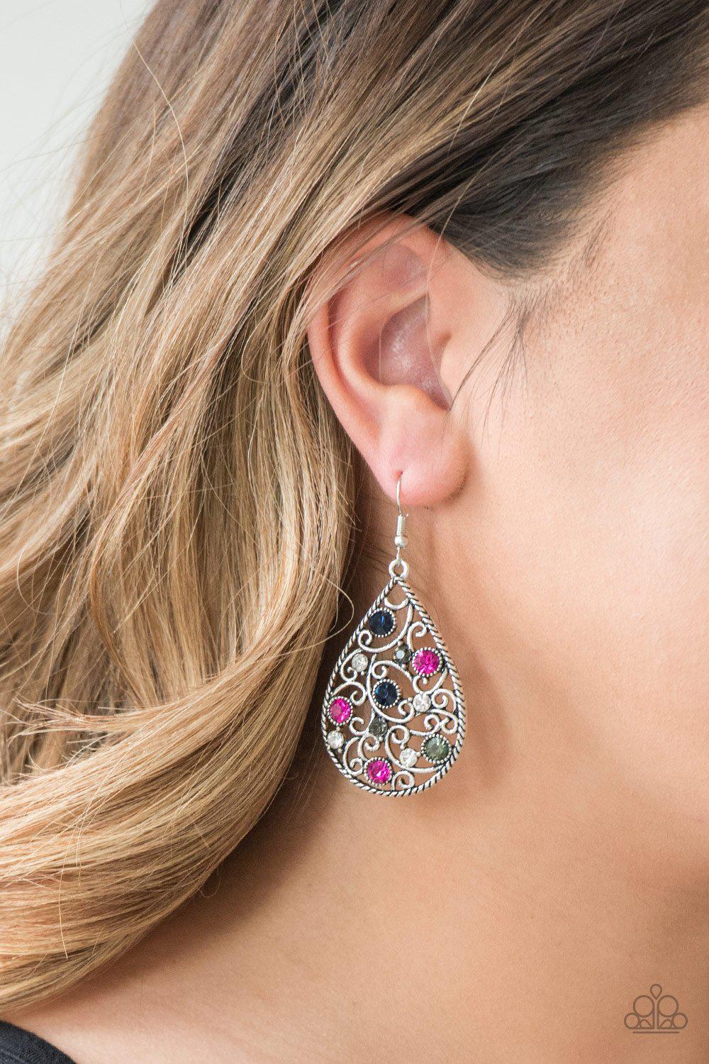 Certainly Courtier Multi - Pink, Blue and Green Gem Teardrop Earrings - Paparazzi Accessories- on model - CarasShop.com - Paparazzi Jewelry by Cara Jewels