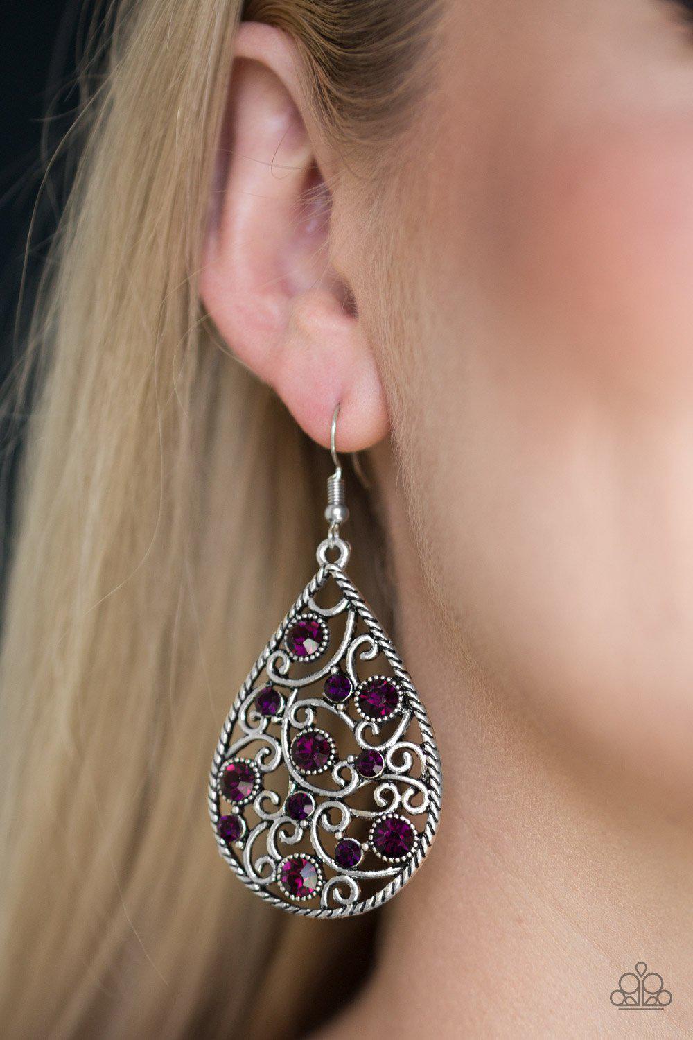 Certainly Courtier Purple Earrings - Paparazzi Accessories- on model - CarasShop.com - Paparazzi Jewelry by Cara Jewels
