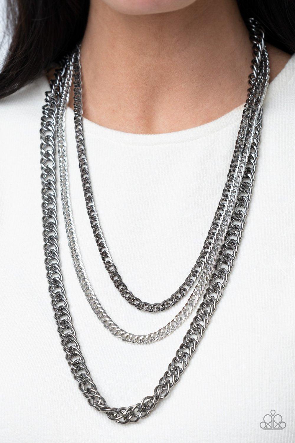 Chain of Champions Multi Silver and Gunmetal Chain Necklace - Paparazzi Accessories- lightbox - CarasShop.com - Paparazzi Jewelry by Cara Jewels