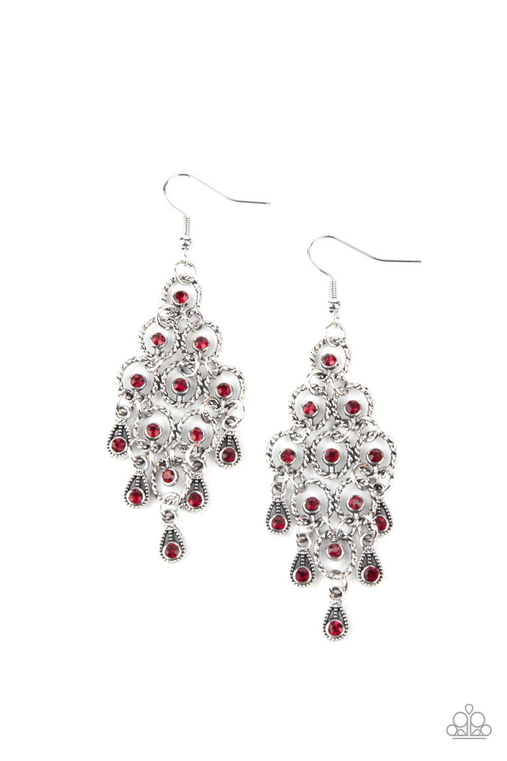 Chandelier Cameo Red Rhinestone Earrings - Paparazzi Accessories- lightbox - CarasShop.com - Paparazzi Jewelry by Cara Jewels