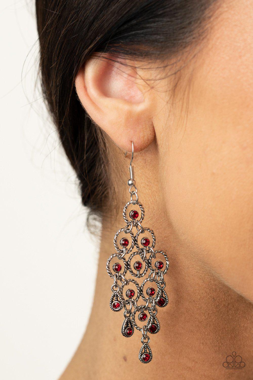 Chandelier Cameo Red Rhinestone Earrings - Paparazzi Accessories- on model - CarasShop.com - Paparazzi Jewelry by Cara Jewels