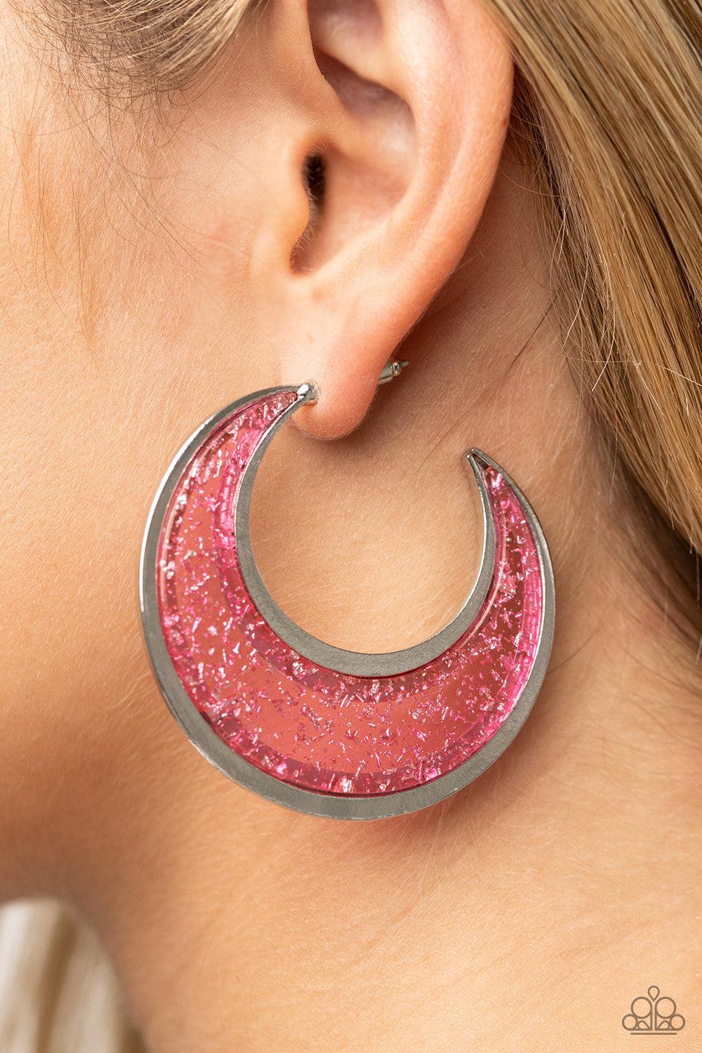 Charismatically Curvy Pink Acrylic Hoop Earrings - Paparazzi Accessories- on model - CarasShop.com - Paparazzi Jewelry by Cara Jewels