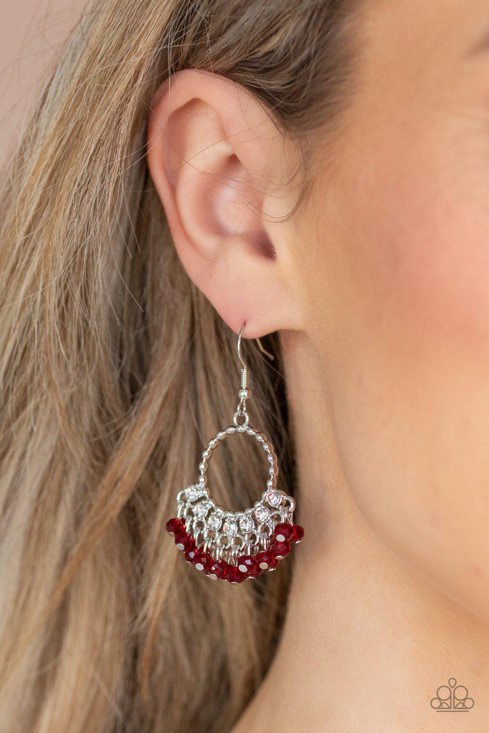Charmingly Cabaret Red Earrings - Paparazzi Accessories- on model - CarasShop.com - Paparazzi Jewelry by Cara Jewels