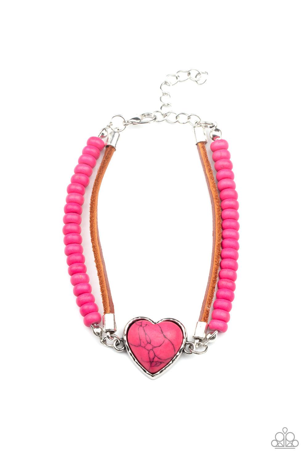 Charmingly Country Pink Stone Heart Bracelet - Paparazzi Accessories- lightbox - CarasShop.com - Paparazzi Jewelry by Cara Jewels