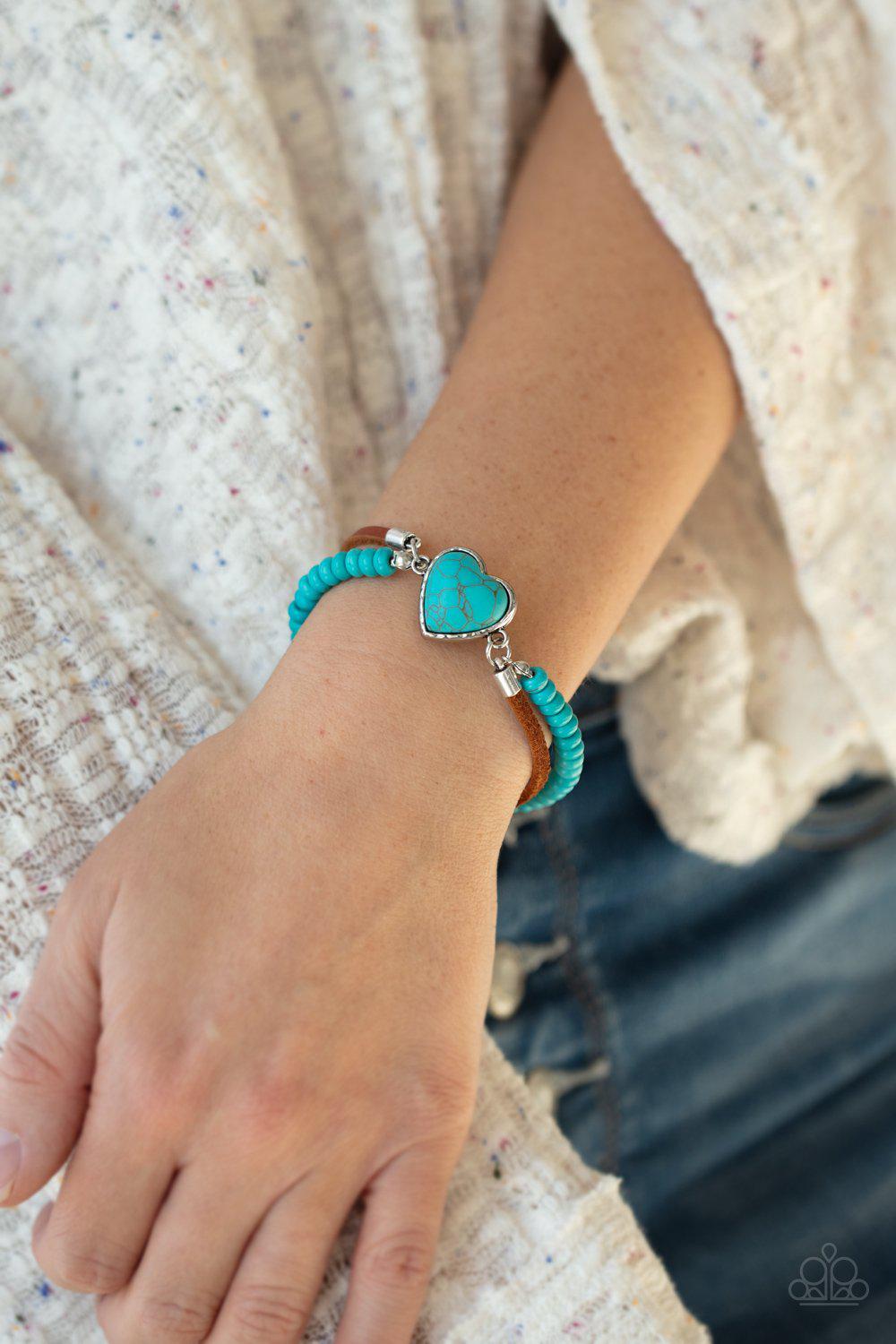 Charmingly Country Turquoise Blue Stone Heart Bracelet - Paparazzi Accessories- on model - CarasShop.com - Paparazzi Jewelry by Cara Jewels