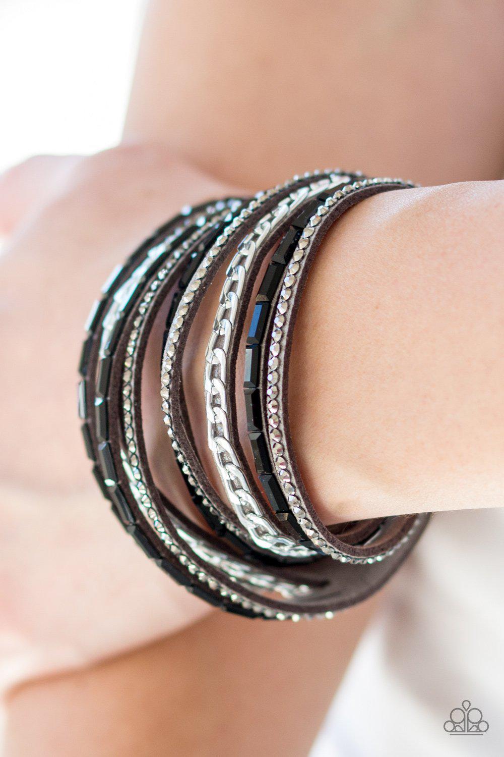 Cheaters Never Prosper Black and Silver Urban Double-wrap Snap Bracelet - Paparazzi Accessories- on model - CarasShop.com - Paparazzi Jewelry by Cara Jewels