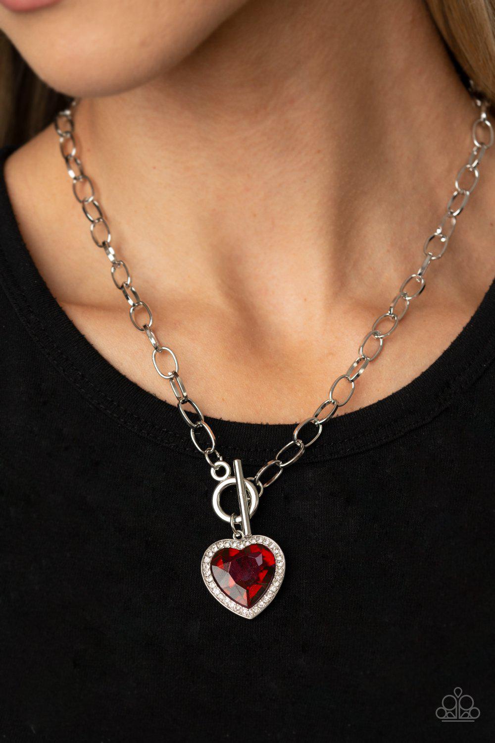 Check Your Heart Rate Red Rhinestone Heart Necklace - Paparazzi Accessories- on model - CarasShop.com - Paparazzi Jewelry by Cara Jewels