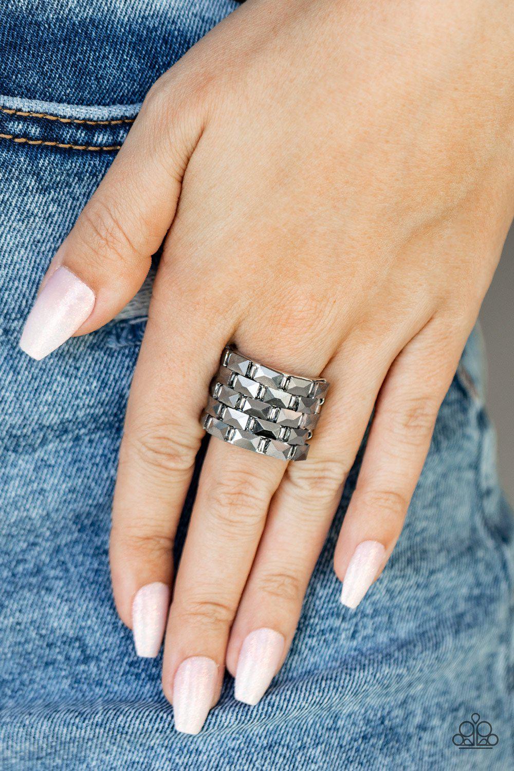 Checkered Couture Silver Hematite Ring - Paparazzi Accessories- lightbox - CarasShop.com - Paparazzi Jewelry by Cara Jewels