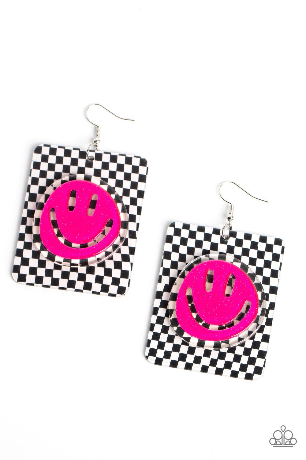Cheeky Checkerboard Pink Smiley Face Earrings - Paparazzi Accessories- lightbox - CarasShop.com - Paparazzi Jewelry by Cara Jewels