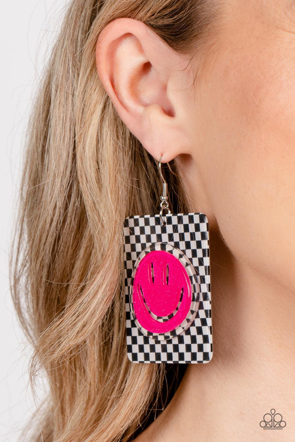 Cheeky Checkerboard Pink Smiley Face Earrings - Paparazzi Accessories- on model - CarasShop.com - Paparazzi Jewelry by Cara Jewels