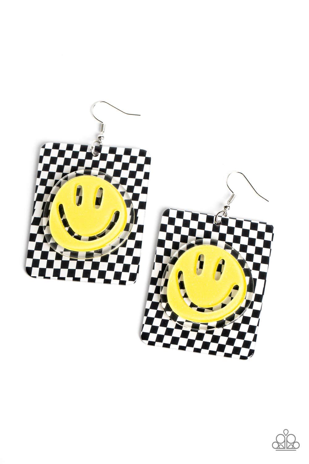 Cheeky Checkerboard Yellow Smiley Face Earrings - Paparazzi Accessories- lightbox - CarasShop.com - Paparazzi Jewelry by Cara Jewels