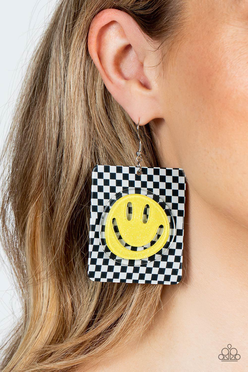 Cheeky Checkerboard Yellow Smiley Face Earrings - Paparazzi Accessories- on model - CarasShop.com - Paparazzi Jewelry by Cara Jewels