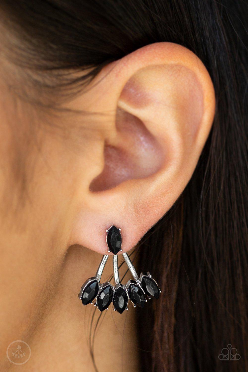 Chicly Carnivalesque Black Double-sided Post Earrings - Paparazzi Accessories- on model - CarasShop.com - Paparazzi Jewelry by Cara Jewels