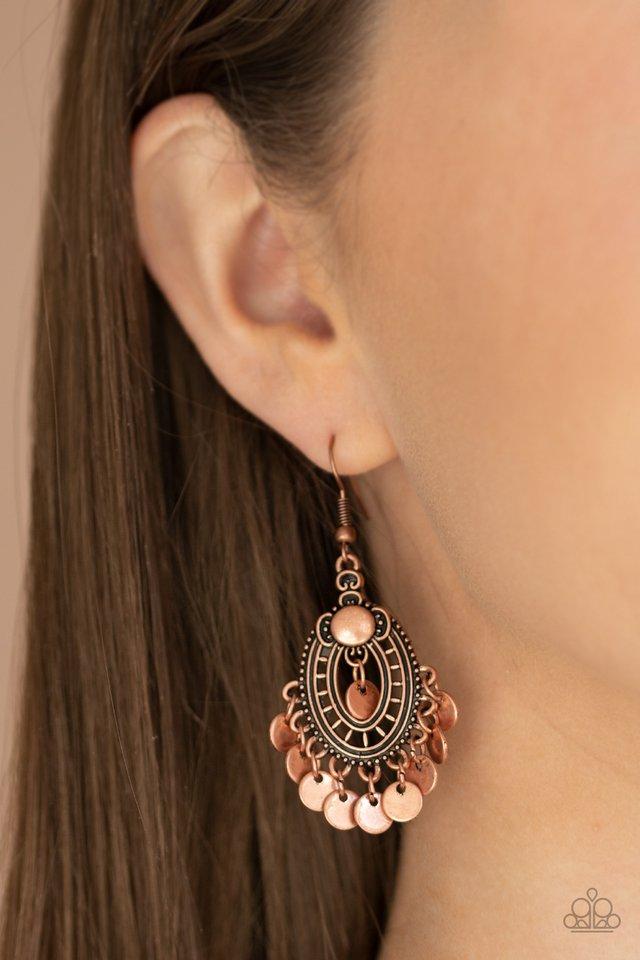 Chime Chic Copper Earrings - Paparazzi Accessories- on model - CarasShop.com - Paparazzi Jewelry by Cara Jewels