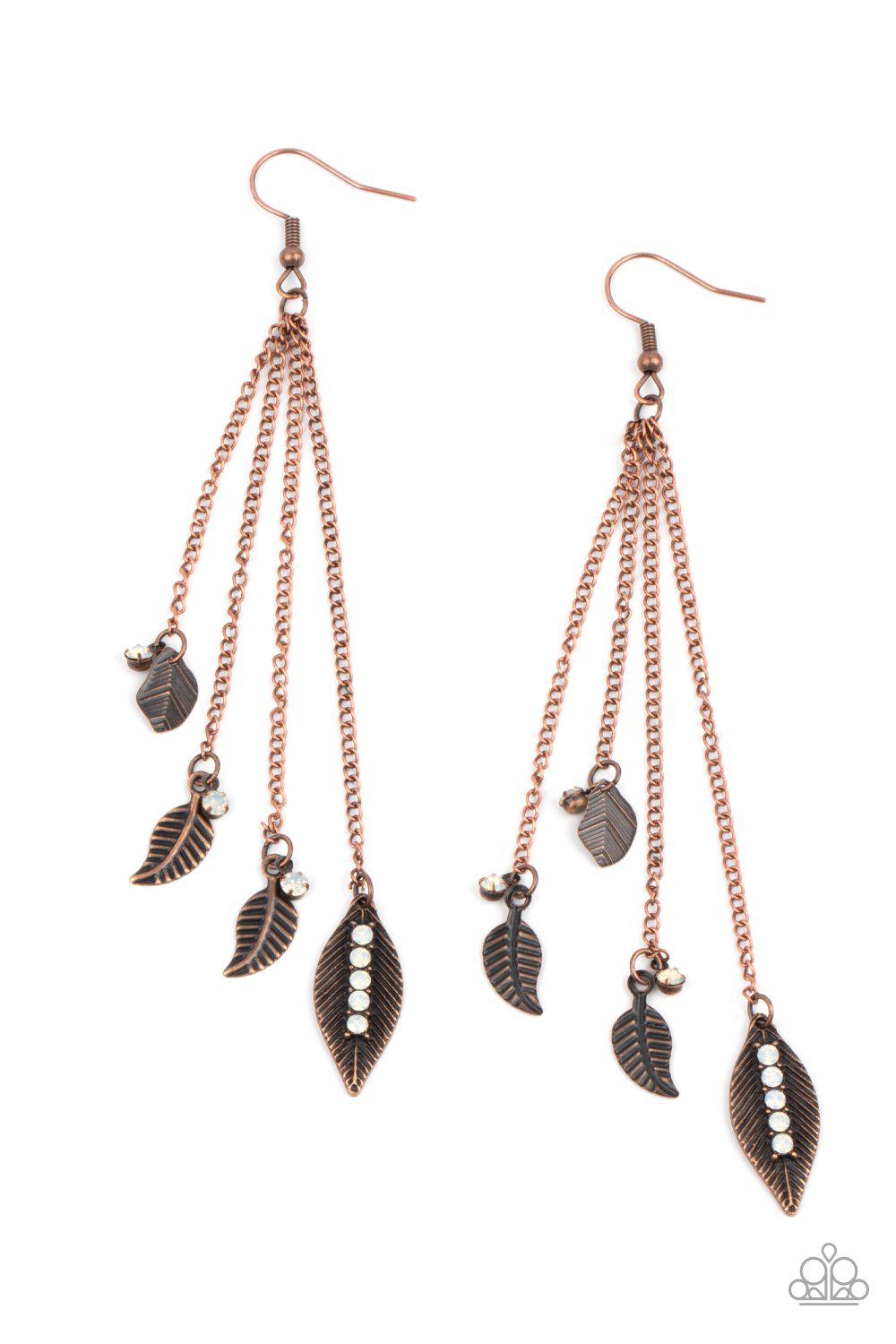 Chiming Leaflets Copper and White Gem Leaf Charm Earrings - Paparazzi Accessories- lightbox - CarasShop.com - Paparazzi Jewelry by Cara Jewels