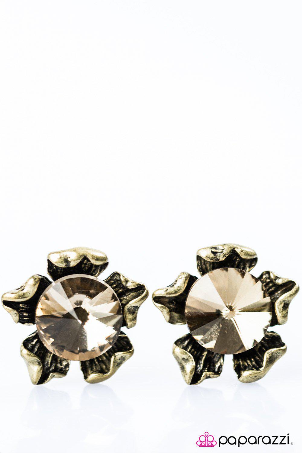 Chin Up Buttercup Brass Post Earrings - Paparazzi Accessories- lightbox - CarasShop.com - Paparazzi Jewelry by Cara Jewels