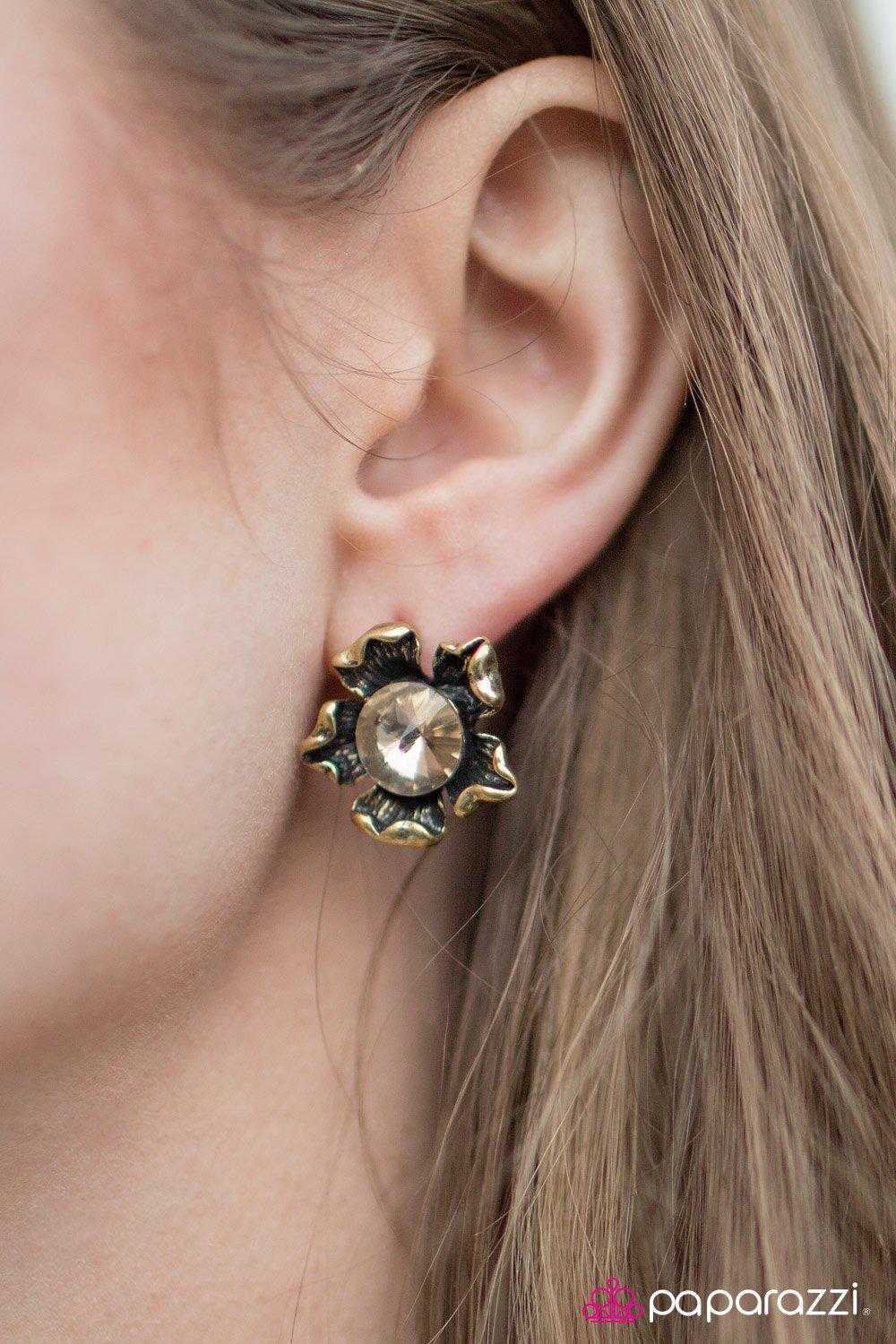 Chin Up Buttercup Brass Post Earrings - Paparazzi Accessories- on model - CarasShop.com - Paparazzi Jewelry by Cara Jewels