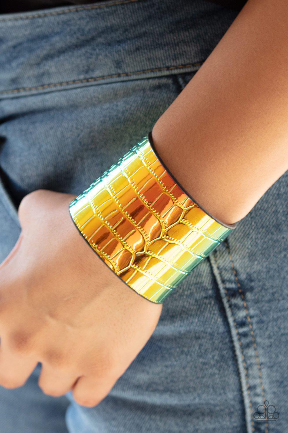 Chroma Croc Multi-color Leather Wrap Snap Bracelet - Paparazzi Accessories- on model - CarasShop.com - Paparazzi Jewelry by Cara Jewels