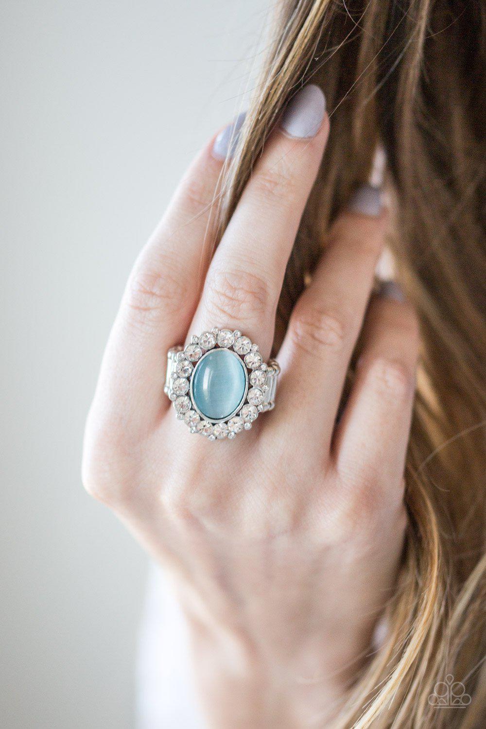 Cinderella Cinderella Blue Moonstone and White Rhinestone Ring - Paparazzi Accessories- on model - CarasShop.com - Paparazzi Jewelry by Cara Jewels
