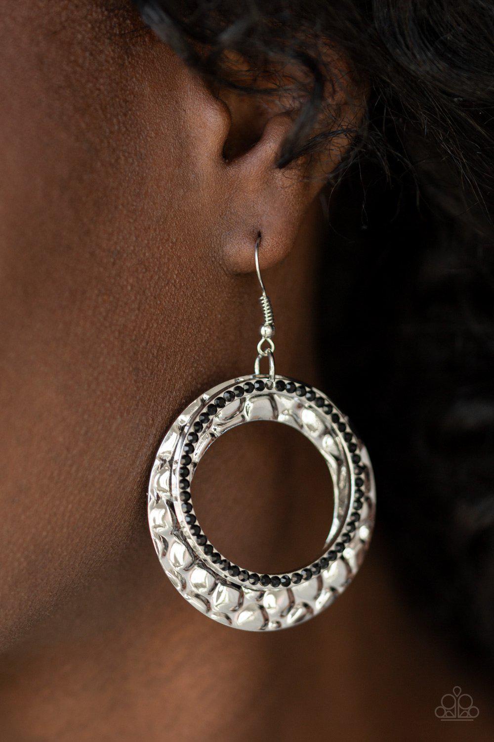 Cinematic Shimmer Black and Silver Earrings - Paparazzi Accessories- on model - CarasShop.com - Paparazzi Jewelry by Cara Jewels