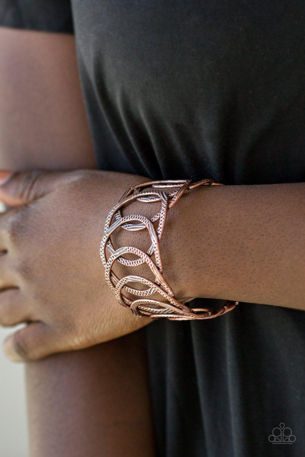 Circa de Contender Copper Cuff Bracelet - Paparazzi Accessories- on model - CarasShop.com - Paparazzi Jewelry by Cara Jewels