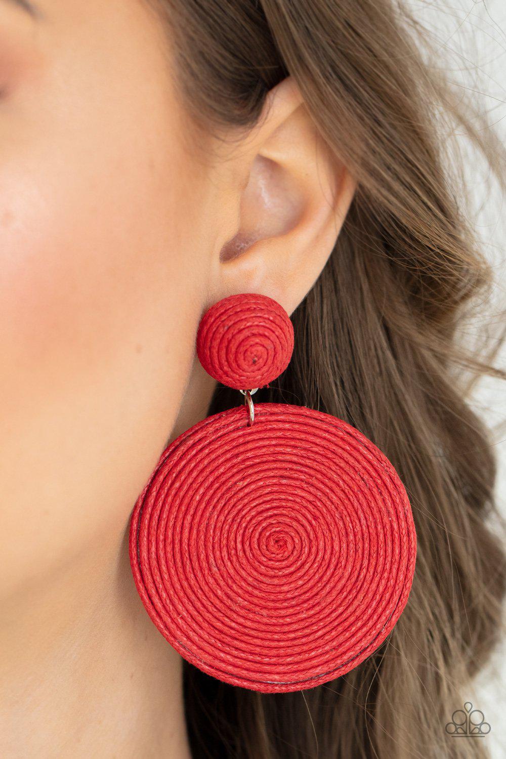Circulate The Room Red Woven Post Earrings - Paparazzi Accessories- on model - CarasShop.com - Paparazzi Jewelry by Cara Jewels