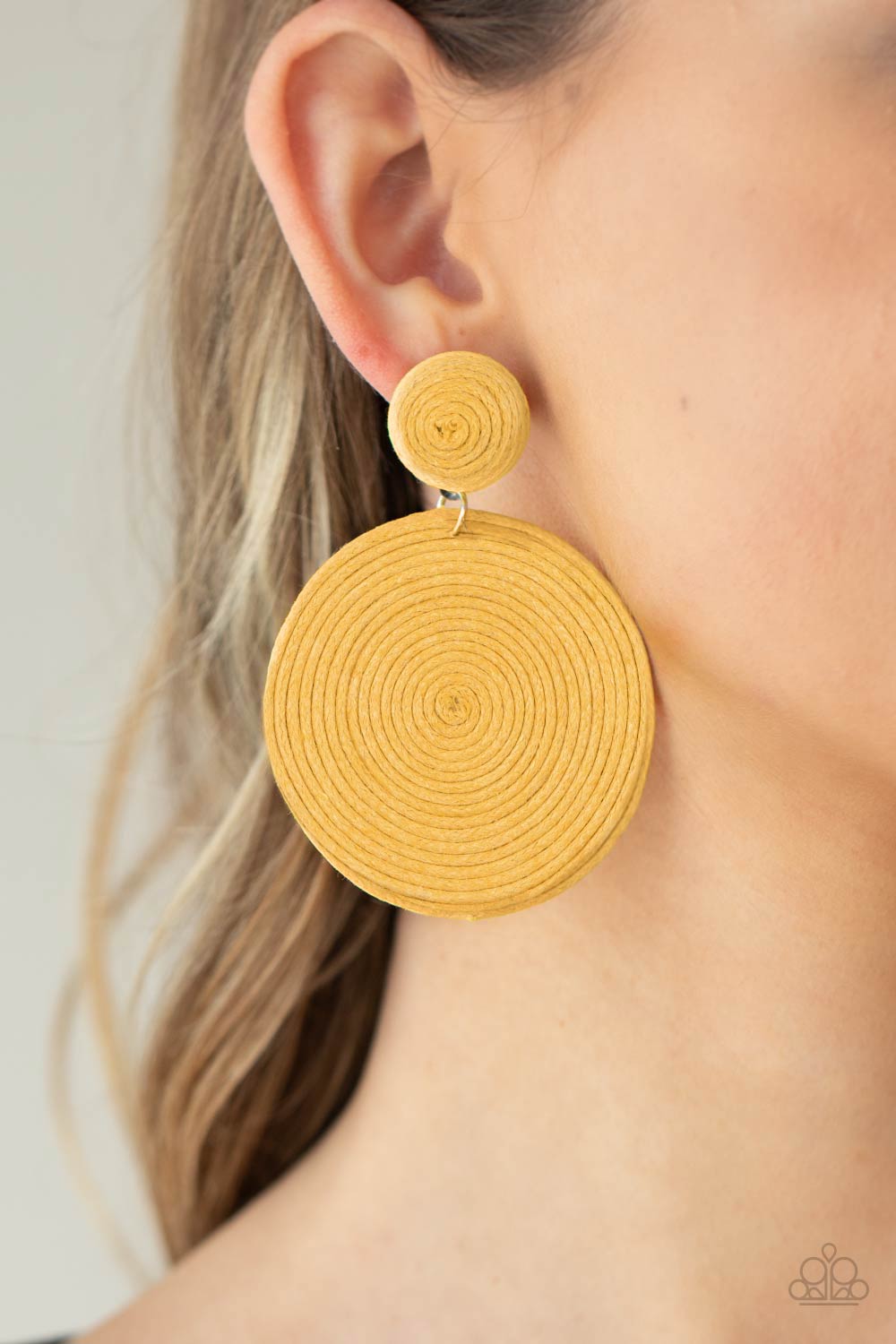 Circulate The Room Yellow Woven Post Earrings - Paparazzi Accessories- lightbox - CarasShop.com - Paparazzi Jewelry by Cara Jewels