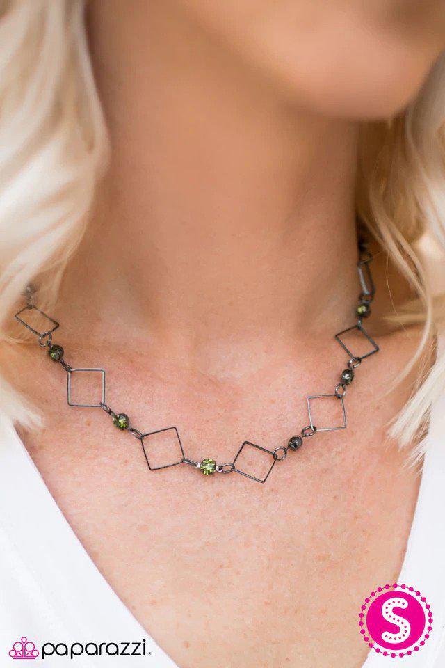 City Block Green & Gunmetal Necklace - Paparazzi Accessories- on model - CarasShop.com - Paparazzi Jewelry by Cara Jewels