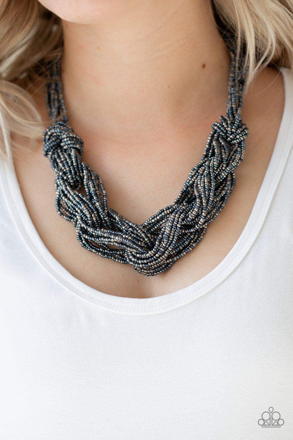 City Catwalk Blue and Gunmetal Seed bead Necklace - Paparazzi Accessories- on model - CarasShop.com - Paparazzi Jewelry by Cara Jewels